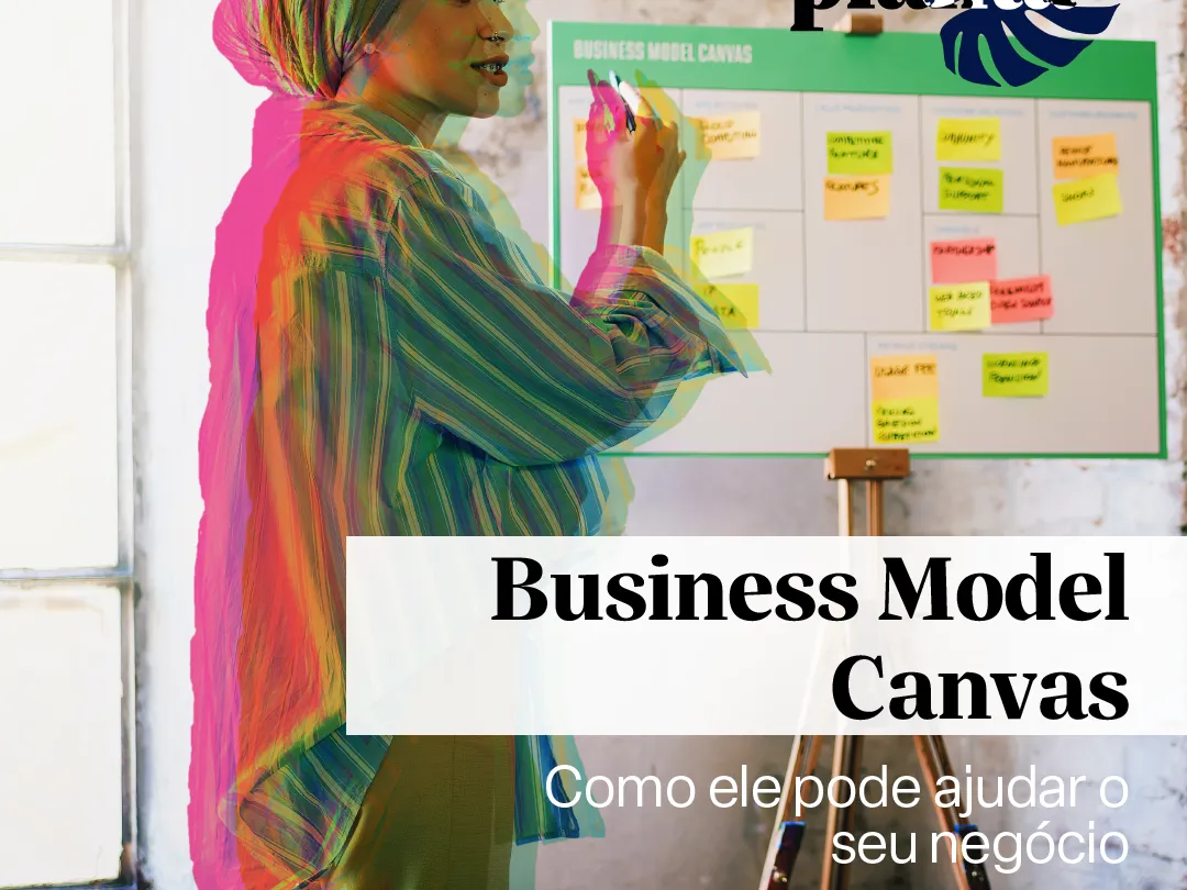 Arte com o título Business Model Canvas e uma mulher trabalhando em um quadro aplicando essa metodologia
