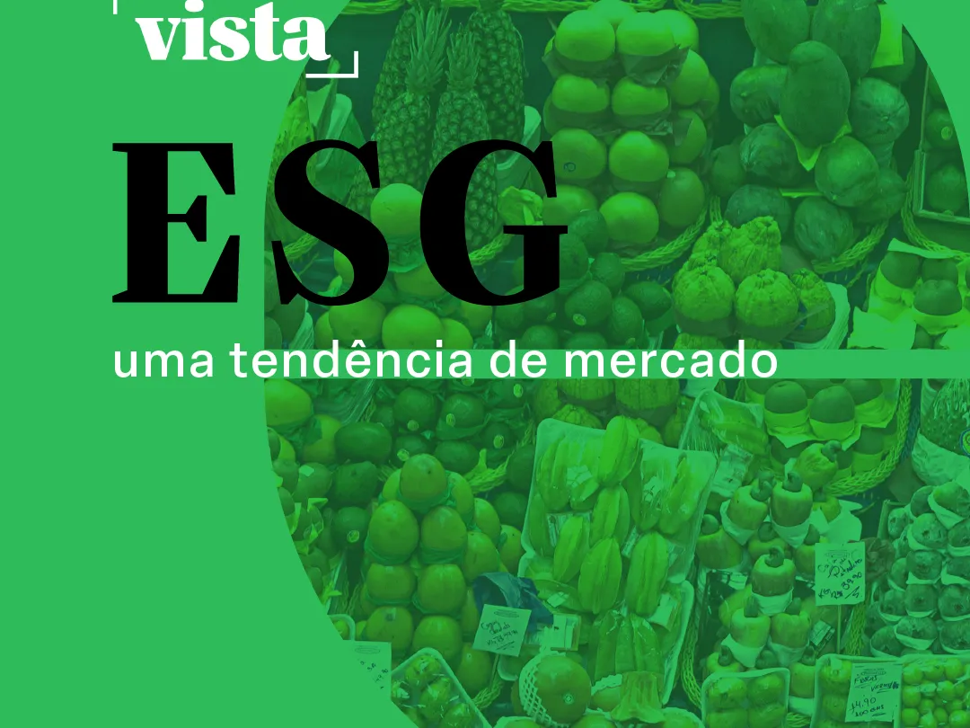 ESG: Arte com frutas penduradas no fundo e escrito ESG - uma tendência de mercado