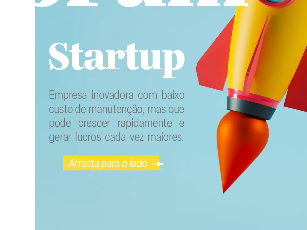 Arte com fundo azul a ilustração de um foguete e o título Startup.
